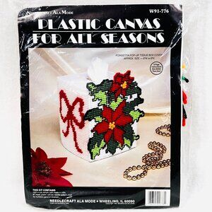 Vintage Plastic Canvas Poinsettia Pop-Up Tissue Box Cover Kit - New/Sealed -1991